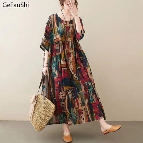 Fashion 2021 New Summer Women Dress Vintage Print Cotton Linen Dress Casual Loose Half Sleeve O-Neck Elegant Office Lady Dresses