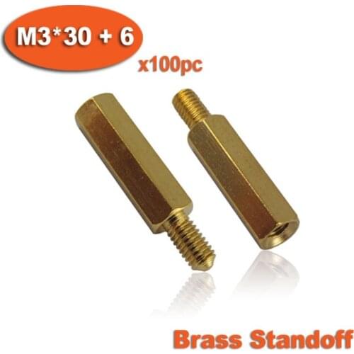 100pcs Male To Female Thread M3 x 30mm + 6mm Brass Hexagon Hex Standoff Spacer Pillars