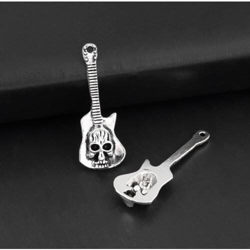 20pcs Silver Color 41x15.5mm Skull Guitar Charms Musical Instruments Pendant Fit DIY Jewelry Making Handcrafted Accessories