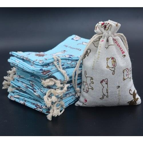 30Pcs Cartoon Cat Cotton Drawstring Bags 10x14cm Cotton Linen Gift Bags Jewelry Packaging Pouches for DIY Crafts Wedding Party