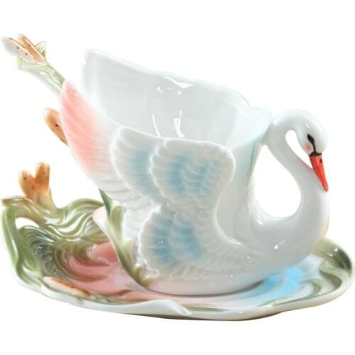 3D Colored Enamel Coffee Mug Cup Set Porcelain Swan Tea Milk Copo China Bone Creative Drinkware Friend Wedding Gift