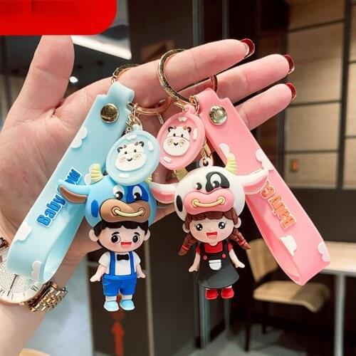 Cartoon Creative Cute Cow Strap Couple Keychain Car Key Ring Chain School Bag Small Pendant Accessories