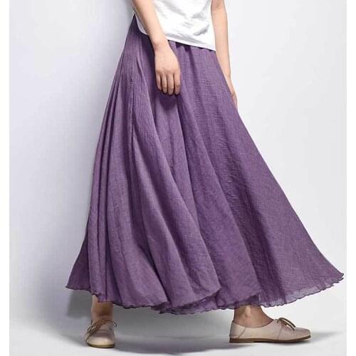 Women Cotton Linen Skirt Long High Waist Empire Plus Size Elastic A Line Girls Skirts Pleated Solid Color Ethnic Vintage Sweet