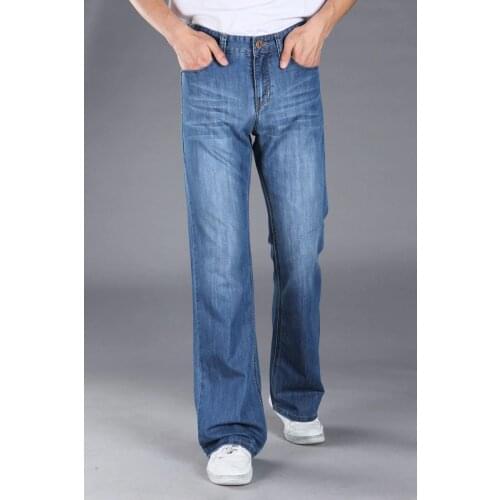 High Quality Mens Business Casual Flared Jeans Pants Dark Blue Light Blue Bell Bottom Jeans Men Loose Boot Cut Leg Denim Trouser