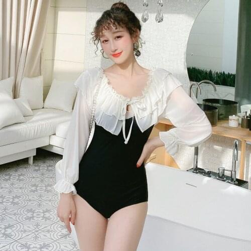 Ruffle Off Shoulder Long Sleeve Beach Swimsuit Lace-up High Waist Trikini Monikini Korea Style Patchwork Women Bodysuit Swimwear