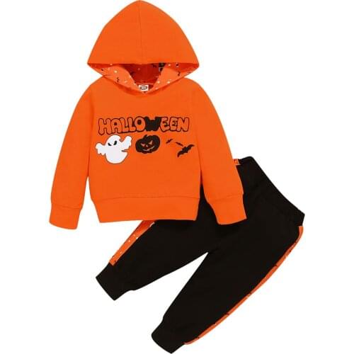 2021 0-3Y Kids Baby Halloween Tracksuit Boys Girls Letters Print Hooded Long Sleeve Sweatshirt + Splicing Striped Pants Costume