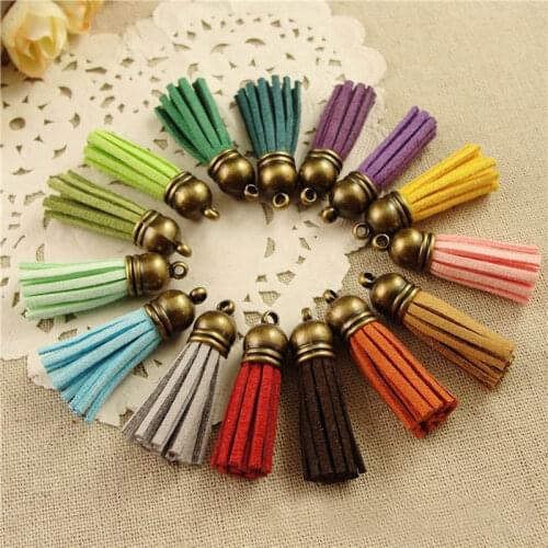 Fashion 38mm Mixed Color Suede Leather Tassel For Keychain/bags Straps Jewelry Charm bronze Cap Diy Accessories 100pcs Wholesale