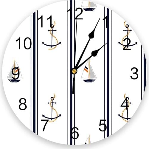 Boat Anchor Stripes Rectangle White Wall Clock Round Style Fashion Modern Design Wall Clock Home Living Room Bedroom Decoration