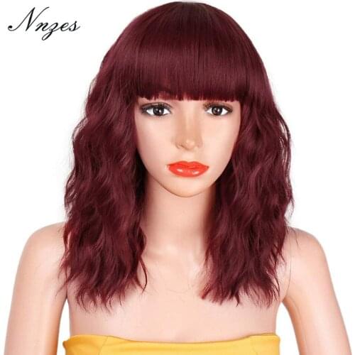 AISI HAIR 14inches Synthetic Wigs Short Bob Natural Wave Wig Red Green Pink Hair with Bangs for Women Heat Resistant Fiber