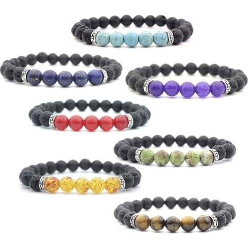 Lava Rock and Chakra Beaded Bracelet 8mm Volcanic Stone Prayer Bead Bracelet for Unisex Essential Oil Diffuser