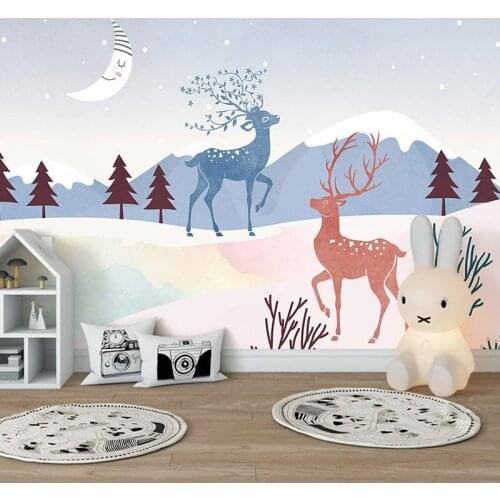 Dropship Custom 3D Hand Painted Cartoon Mural Moon Elk Children Murals Bedroom Living Room Wall Painting Wall Papers Home Decor