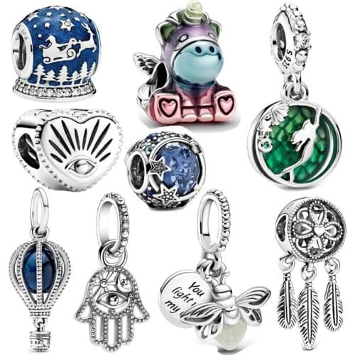 Real 100% 925 sterling silver unicorn beads firefly charms fit Brand bracelet women fine jewelry pendant girl gift making DIY