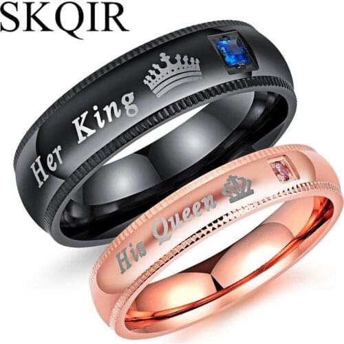 SKQIR Black Rose Love Engagement Stone Rings For Couple Her King And His Queen Stainless Steel Wedding Rings For Valentines Day