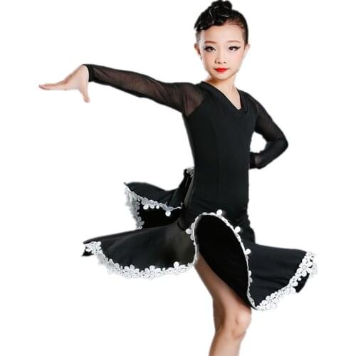 Girls Latin Ballroom Dance Competition Costumes Children Black Salsa Tango Modern Latin Practice Dancewear Cha Cha Dancing Dress