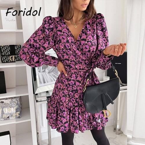Foridol Vinatge Spring Long Sleeve Dress Women Sexy Puff Sleeve Floral Beach Holiday Dress Casual A-line Dress Autumn 2021 New
