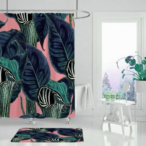 Green Tropical Plant Leaves Printed Curtain For Bathroom Shower Anti-slip Bath Mat Sets Toilet Cover Kitchen Carpet