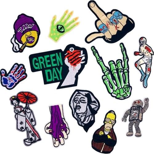 PGY Punk Rock Green Day Fingers Iron On Patch Clothing Embroidered Sewing Applique Iron On Fabric Badge Apparel Accessory Patch