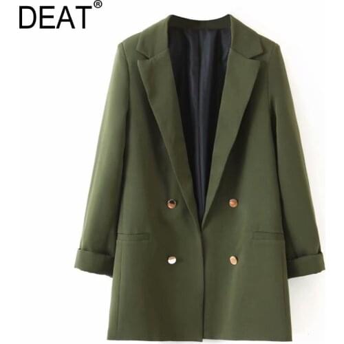 [DEAT] Women Army Green Double Breasted Blazer New Lapel Long Sleeve Loose Fit Jacket Fashion Tide Spring Autumn 2021 13T881