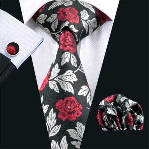FA-348 Gents Necktie Black Floral 100% Silk Jacquard Tie Hanky Cufflinks Set Business Wedding Party Ties For Men Free Shipping