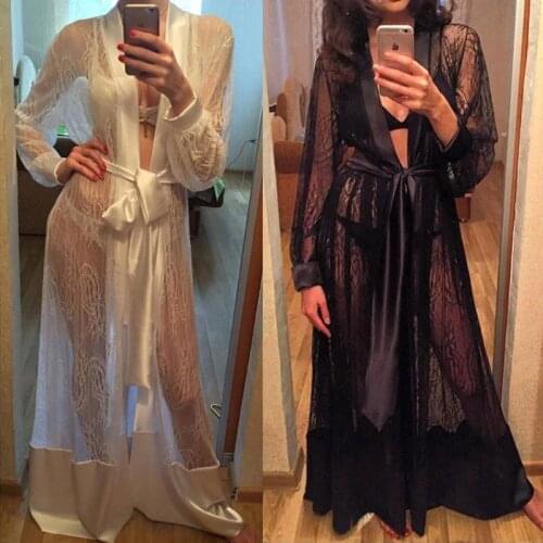 Women Sexy Satin Lace Robe Sleepwear Nightwear See Through Long Robe Lace Up Kimono Gown Bathrobe Sleep Nightdress Femme Hot