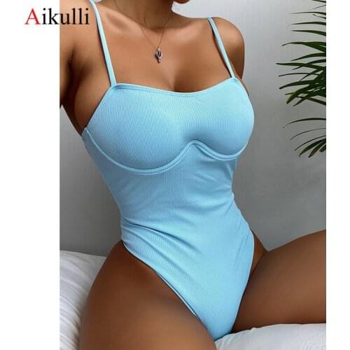 2021 Sexy Blue Ribbed One Piece Swimsuits Women High Cut Solid Swimwear Push Up Monokini Bodysuit Beach Female Bathing Suit Swim