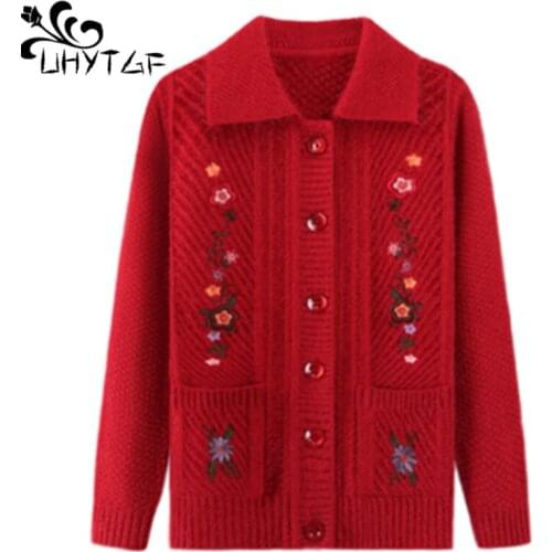 UHYTGF fashion knit sweater cardigan women long-sleeved single-breasted casual warm spring autumn sweater coat Plus size top 709