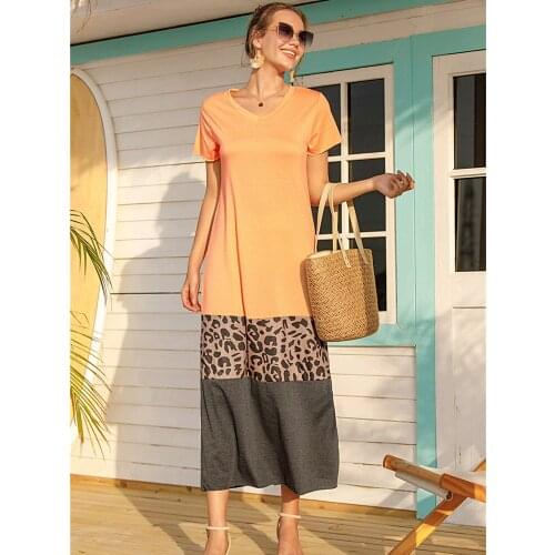 2021 Summer Women Leopard Stitched Short Sleeve Solid Color Dress V-Neck Casual Loose High Street Style Elegant Mid Waist Dress