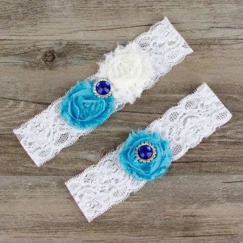 2pcs/Lot Elegant Wedding Garters Set Beaded Bridal Toss Garter Keep Garter White Lace Royal Blue flower Wedding decoration