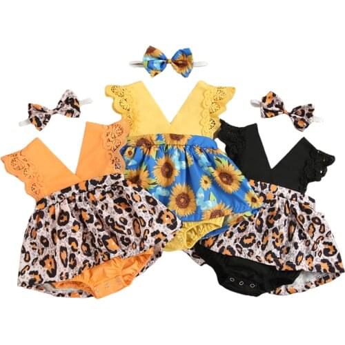 2021-04-23 Lioraitiin 0-24M Newborn Baby Girls Rompers Headband Leopard/Sunflowers Printed V-Neck Lace Sleeveless Jumpsuits