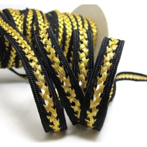 3/8 Inch Black and Gold Woven Trim|Shiny Narrow Ribbon Trim|Woven Border|Metallic Jacquard Trim|Flag Scalloped Edge