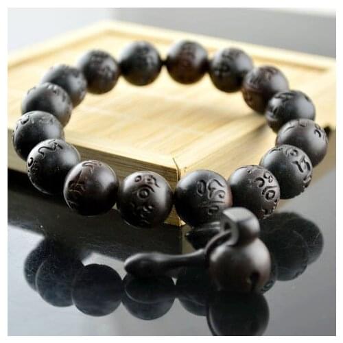 5pcs High Quality Black Pau Preto With Six Words Carved Bracelet 12mm Wooden Jewelry For Men and Women Gift