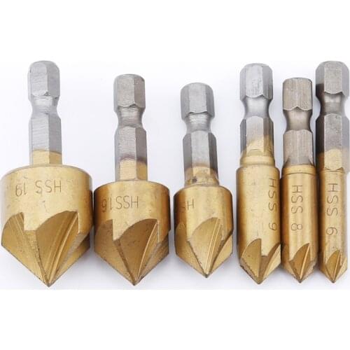 6PCS Gold 90 Degree Hexagon Shank Five-edge Chamfering Machine Tool Chamfering Knife Woodworking Hole Opener High-speed Steel