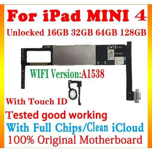 A1538 Wifi version for ipad mini 4 motherboard with touch ID 100% Tested working main logic board With Full Chips Free iCloud