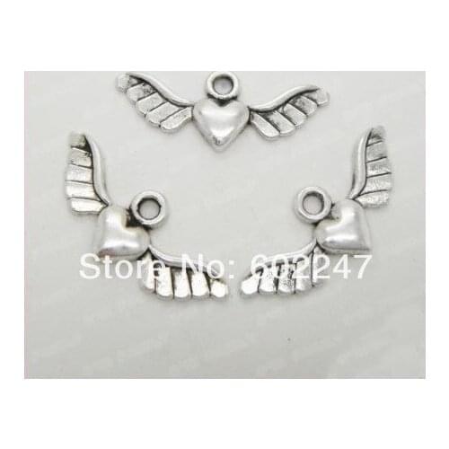 Free Shipping Tibetan Silver Love Heart with Angle Wings Cabochon Pendant Finding Bead Making Wholesales, 200pcs/lot