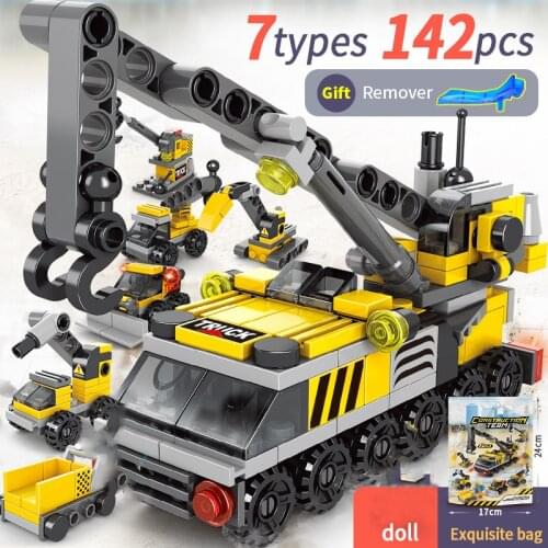 142 PCS 6 IN 1 Enlighten Brick Engineering vehicle Building Blocks Girl And Toy Car Ttuck Toys Excavator Trolley Crane Bulldozer