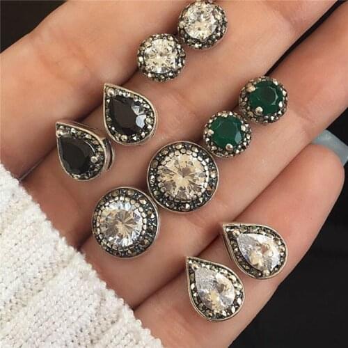 Modyle Women Crystal Earrings for Women Boucle D'oreille Jewelry Bohemian Stud Earring Set Green Droplets Brincos 5 Pairs