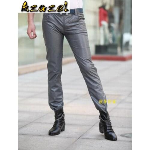 Men New Fashion Korean leather pants smoke gray Slim Male trousers Nightclub performances large size motorcycle leather pants