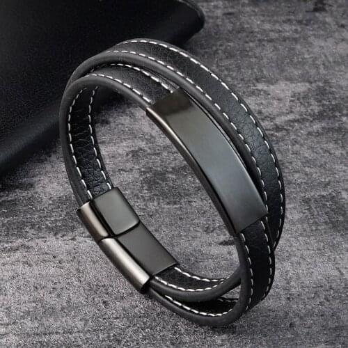 LAMEDEE New 2 Layers Trendy Style Design Genuine Leather Bracelet for Men Steel Magnetic Button Birthday Gift Male Bracelets