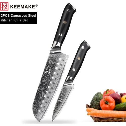 KEEMAKE 2PCS Kitchen Knives Set Santoku Paring Knife Damascus Japanese VG10 Steel Sharp Blade G10 Handle Meat Fruit Cutter Tools