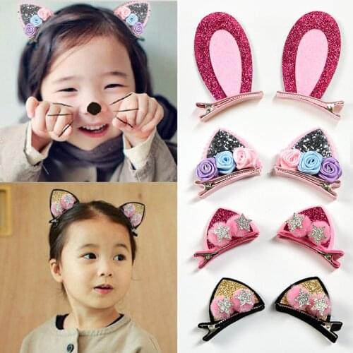 2pcs/Pair Flowers Hairpins For Girls Children Headwear Cute Hair Clips Cat Rabbit Ears Hair Accessories Hairball Glitter Kids