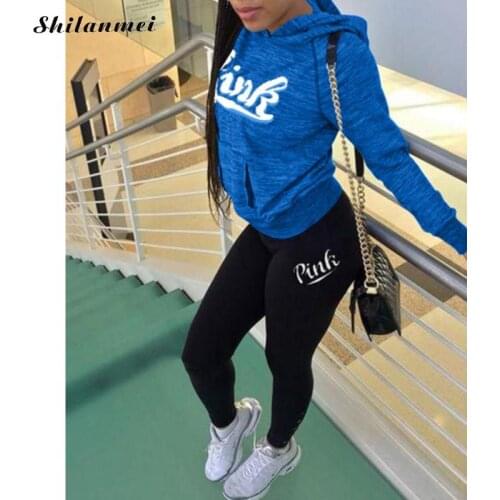 New 2020 Pink Letter Print Hoodie Pullover Top And Skinny Jogger Leggings Sporty Casual Tracksuit Streetwear 2 Piece Set Outfits
