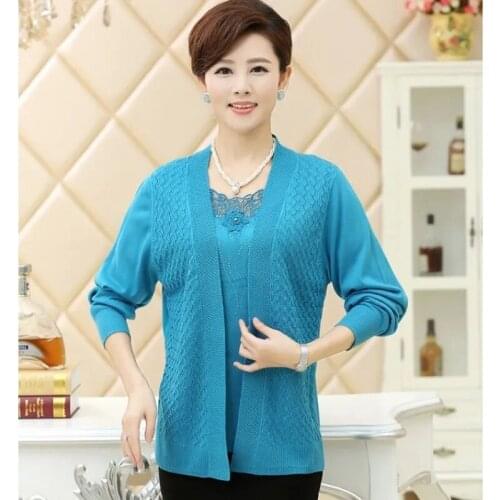 Brand New Middle-aged Womens Purple Sweater Mother Spring Autumn Knit Sweater Cardigan Jacket Elderly Oversized Two-piece Set