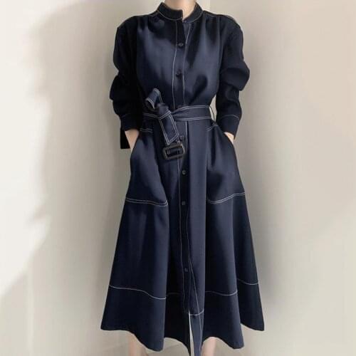 Autumn Elegant stand collar Long Shirt Dress Women Long Sleeve single breasted Work OL dress