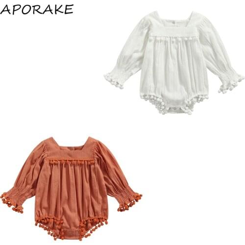 2021 0-24M Baby Girls Autumn Rompers Solid Color Square Collar Tassels Pleated Long-Sleeves Jumpsuit with Crotch Buttons Outfit