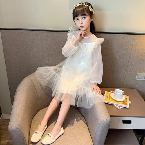 Girls princess dress spring autumn new girl Korean gauze skirt children long sleeve Flying sleeve lace perspective bow dress