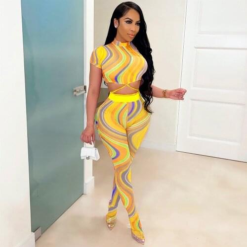 Sheer Mesh Aesthetic Print 2 Piece Set Women Fitness Short Sleeve Crop Tops and Slim Fit Legging with Socking Streetwear Outfit