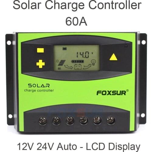 FOXSUR PV Solar Charge Controller 50A 60A PWM 12V 24V Auto Solar Panel Charging Discharge Regulator with Large Power Heat sink