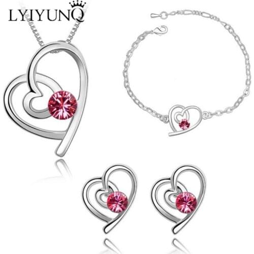 LYIYUNQ Romantic Wedding Jewelry Sets For Women Simple Style Heart Crystal Earrings Pendant Necklace Bracelet Indian Jewelry