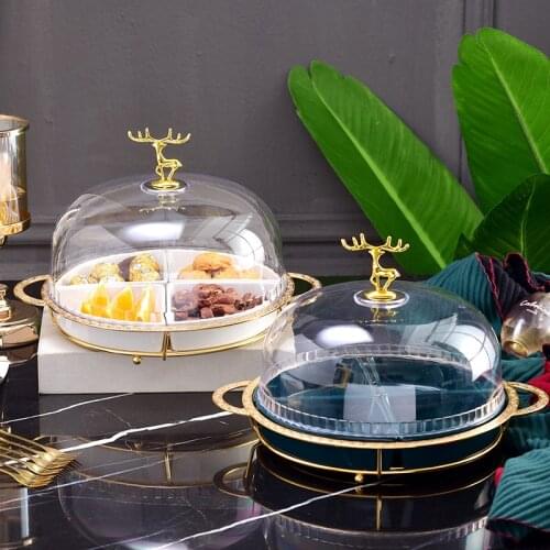 Nordic Luxury Divided Grid Fruit Plate with Cover Modern Living Room Home Fruit Snacks Candy Plate Table Decoration