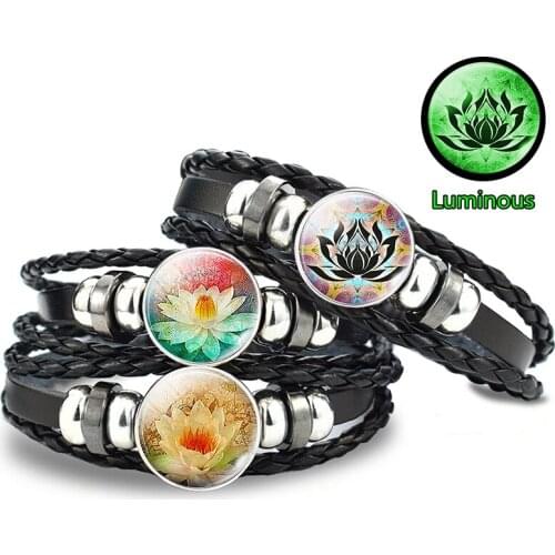 Glow In The Dark Indian Buddhist Lotus Bracelet Zen Meditation Symbol Snap Button Bracelet Luminous Lotus Jewelry